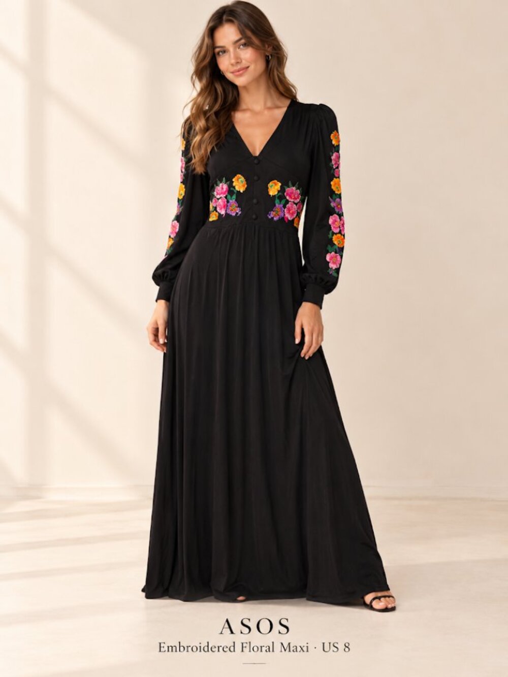 ASOS Black Embroidered Floral Maxi Dress Button-Front Boho Festival - US 8